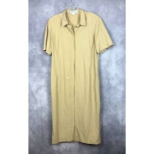 Jaeger Midi Dress Silk Linen Tan Button Up Short Sleeve US 12 UK 14